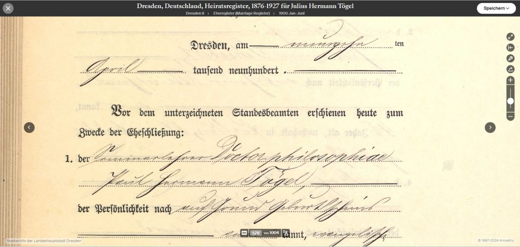 Zivilstandsregister von Dresden – Heiratseintrag von Dr. Paul Hermann Tögel